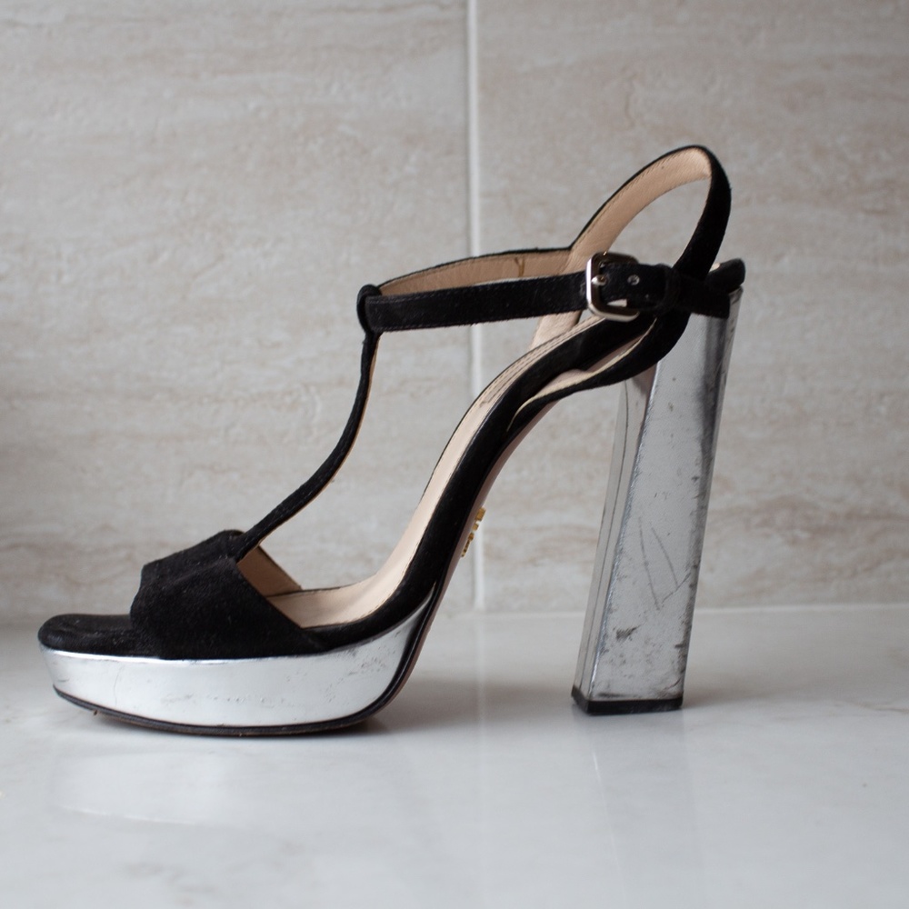 Prada black suede and silver platform heel sandal